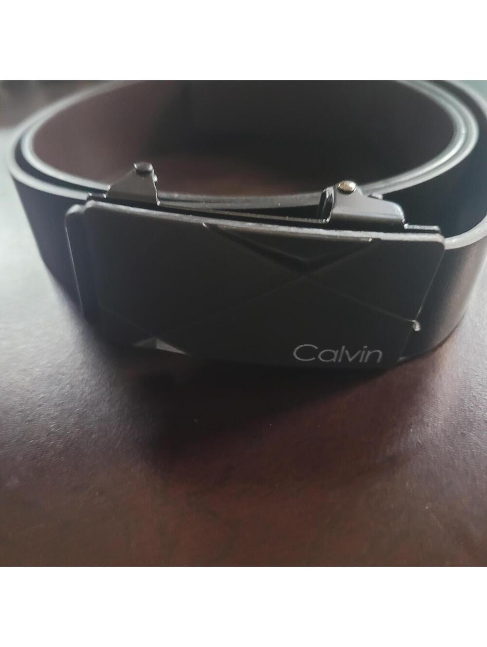 Calvin Black Leather Belt with Geometric Buckle